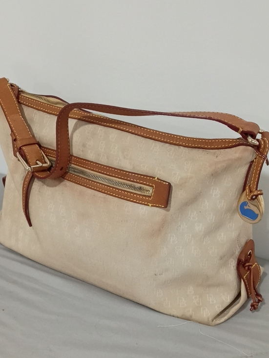 Dooney & Bourke Handbags - VTG Dooney & Bourke Signature Cream Canvas Hobo  Shoulder Bag with Tan Trim Y2K